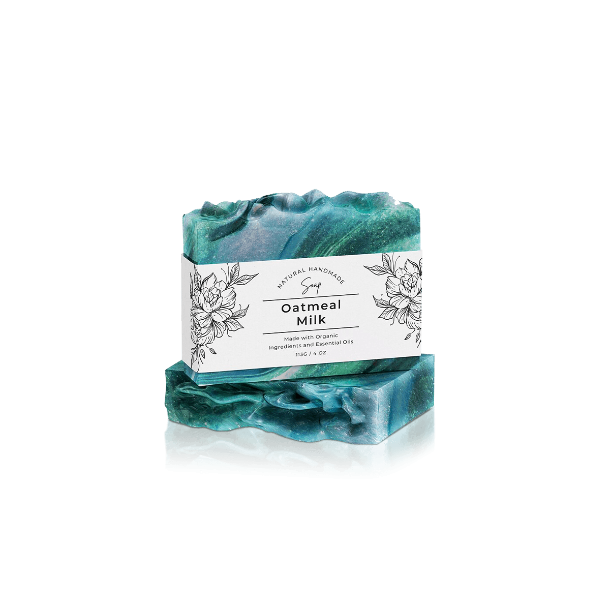 Custom soap sleeves wrapped around handmade bars with printed branding while leaving the soap partly visible.