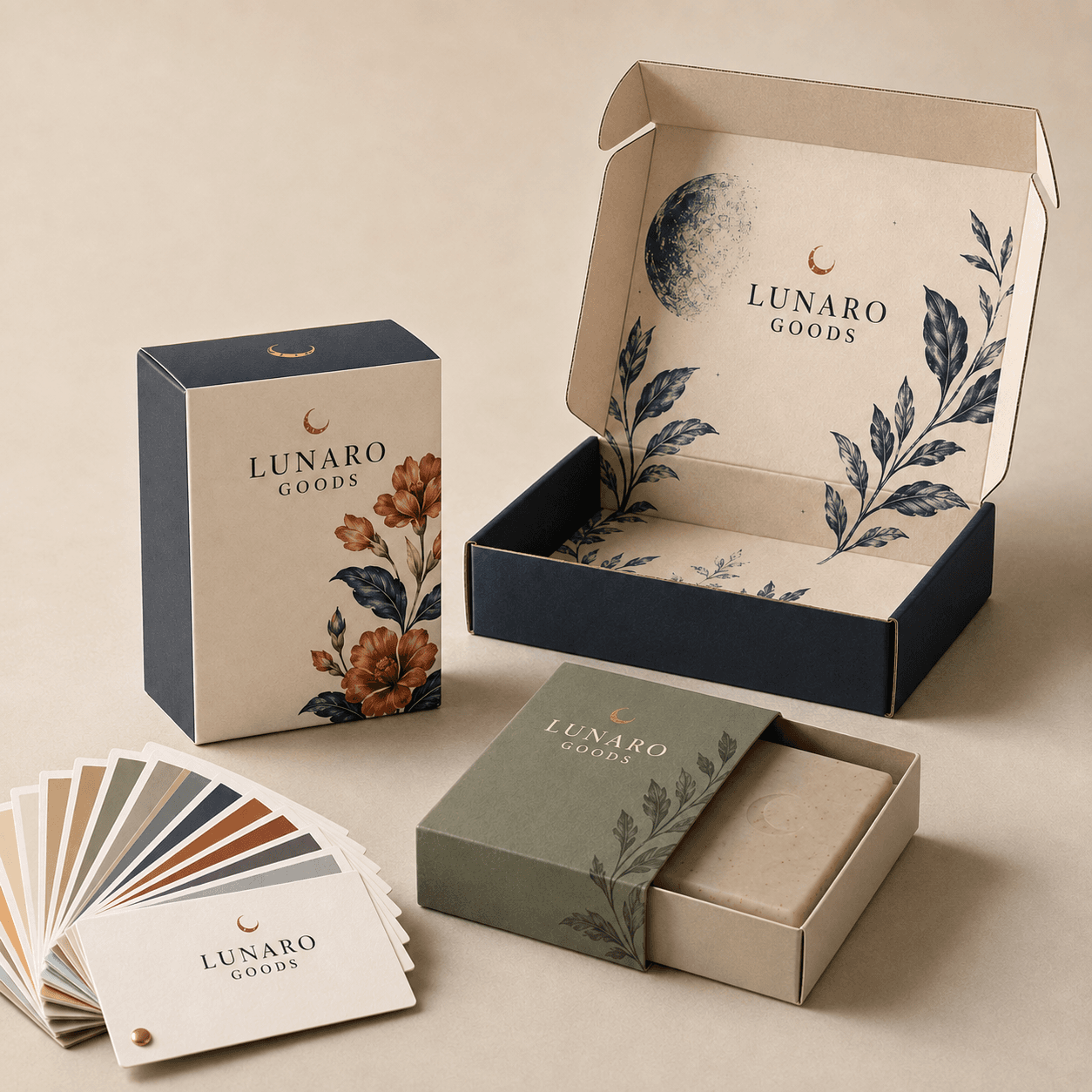 Branded packaging with inside and outside printing, colour swatches and premium print detail in a studio scene.