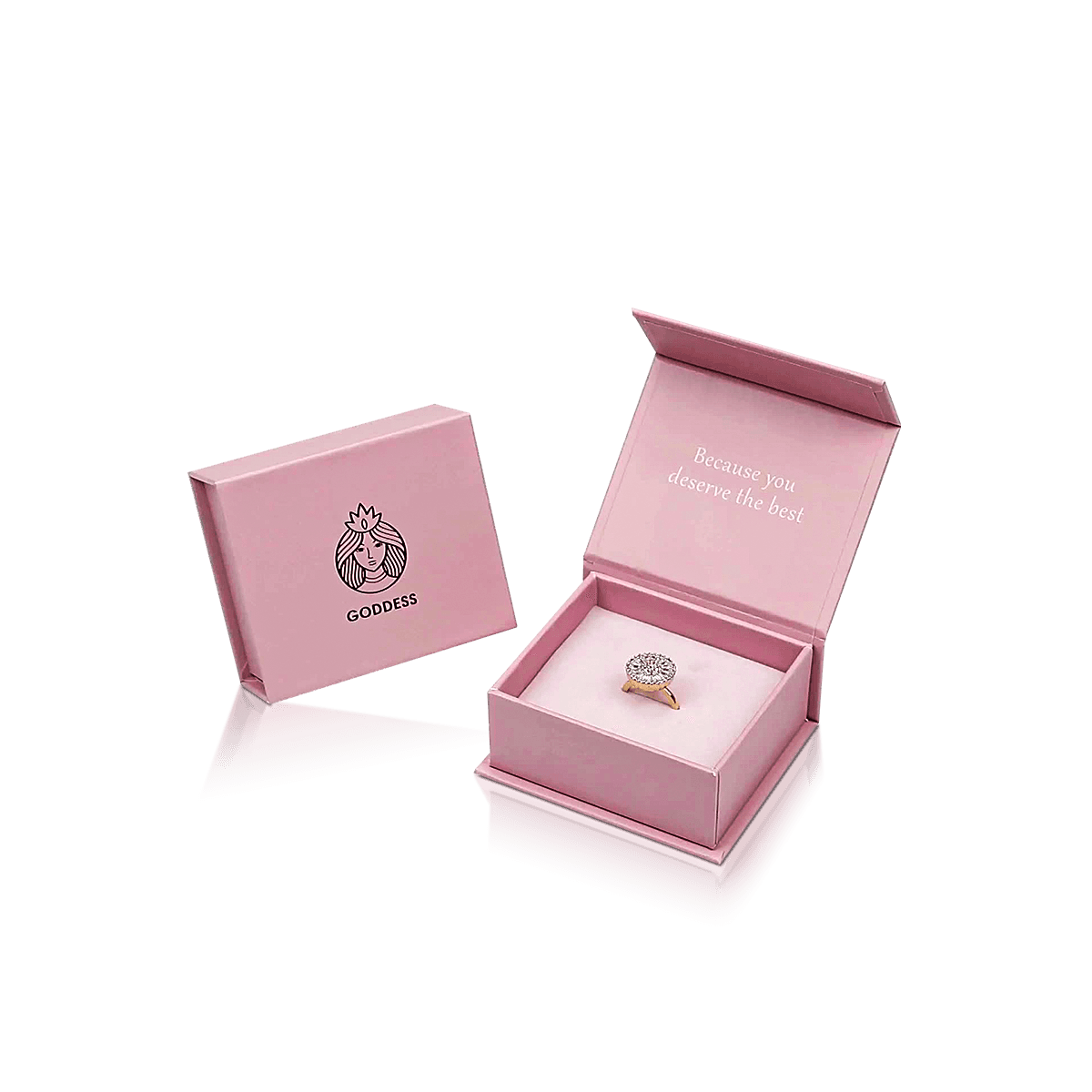 Custom ring boxes with fitted cushioned inserts holding rings securely for premium retail and engagement gift presentation.