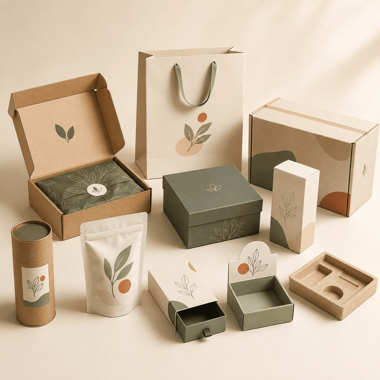 Assorted custom packaging styles with mailer boxes, rigid boxes, cartons, bags, tubes, pouches and fitted inserts.