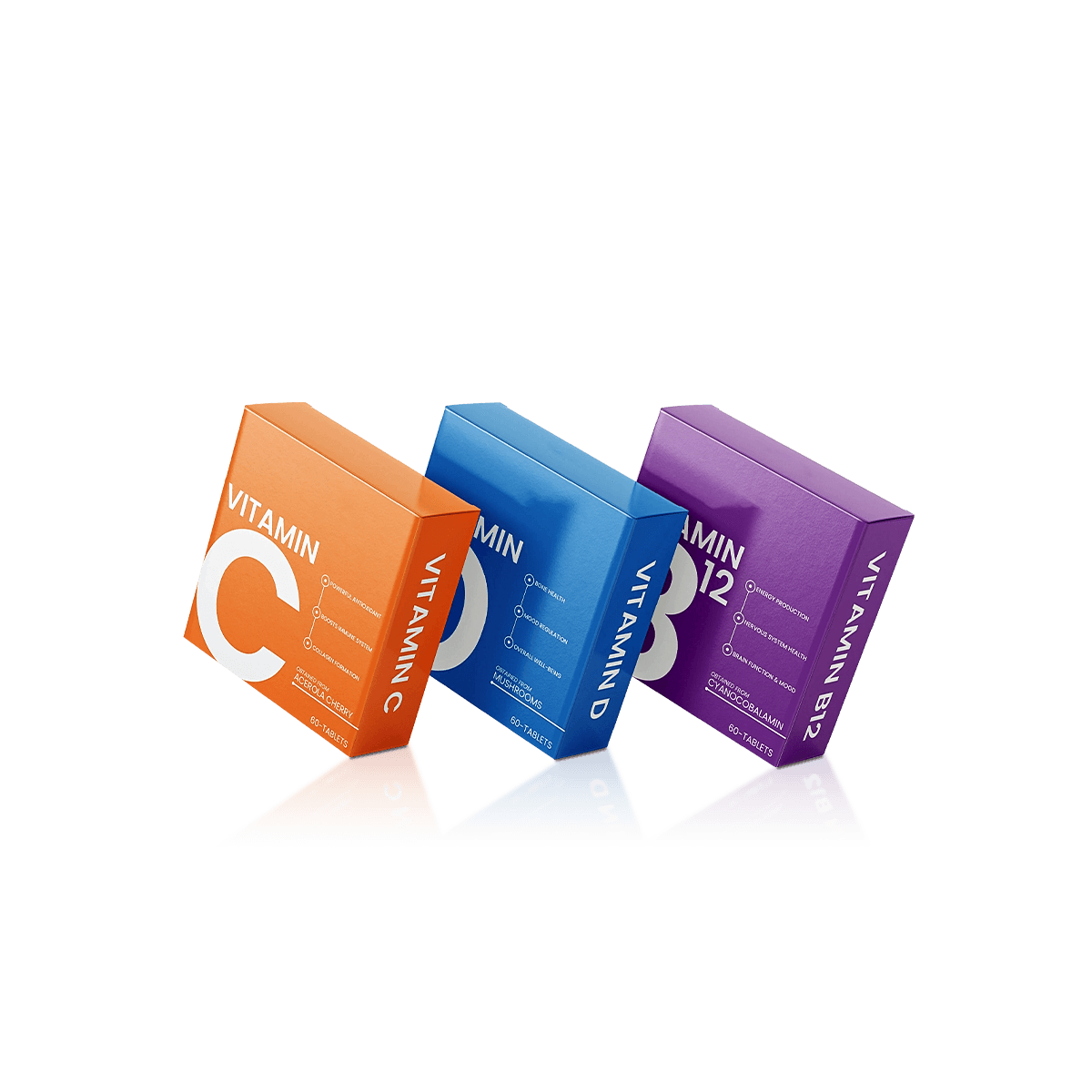 Custom vitamin boxes fitted around supplement bottles with clean printed panels for protection and clear retail presentation.
