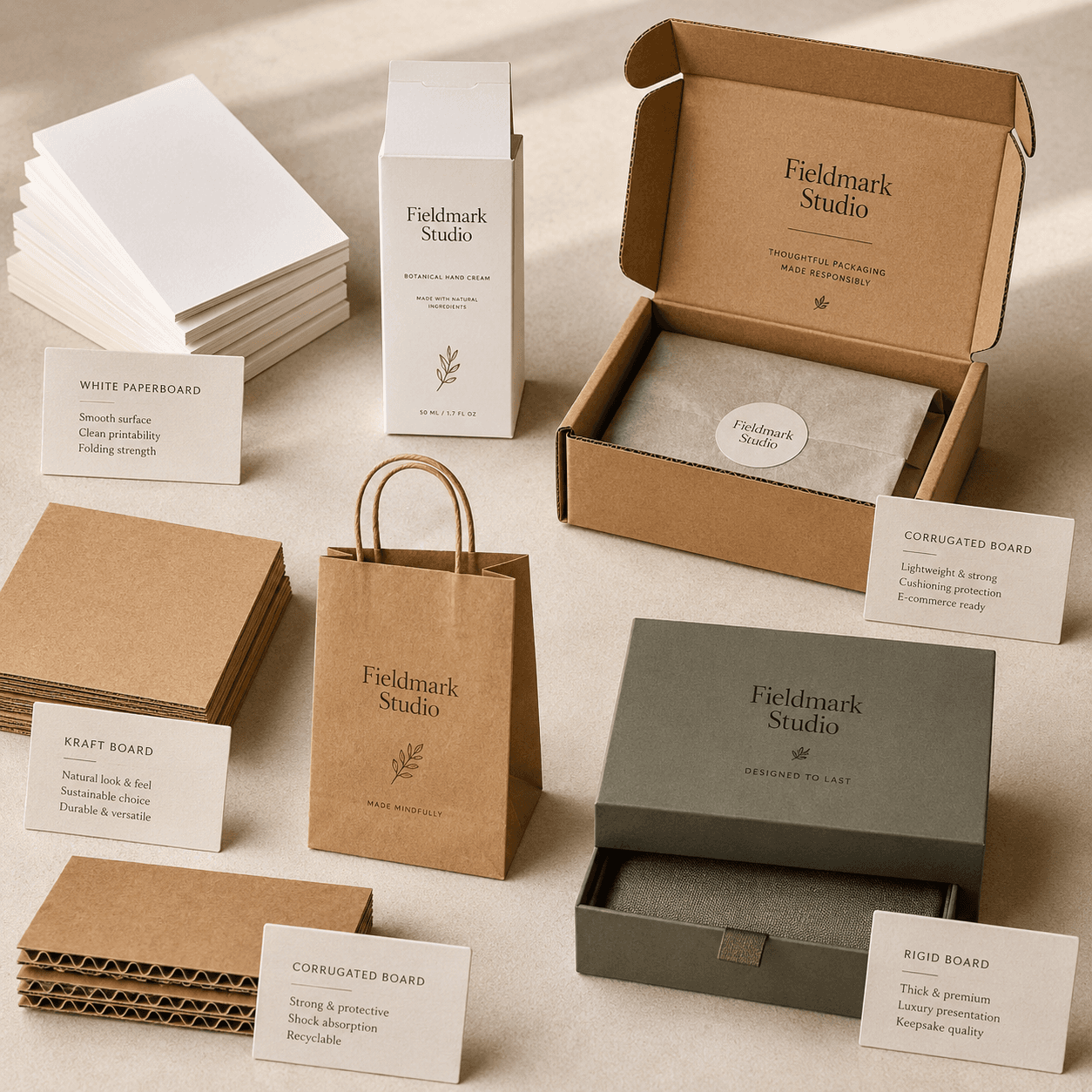 Paperboard, kraft, corrugated and rigid board samples displayed beside premium custom packaging material options.