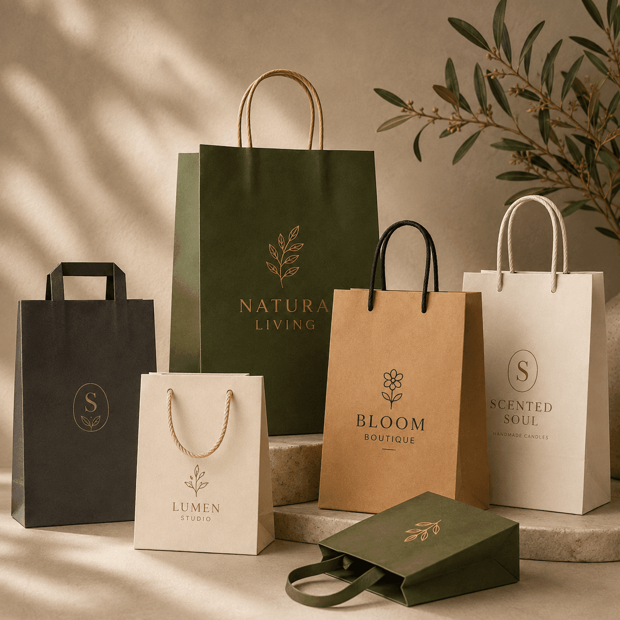 Premium custom paper bags in kraft, cream, olive and black finishes with rope and die cut handles.