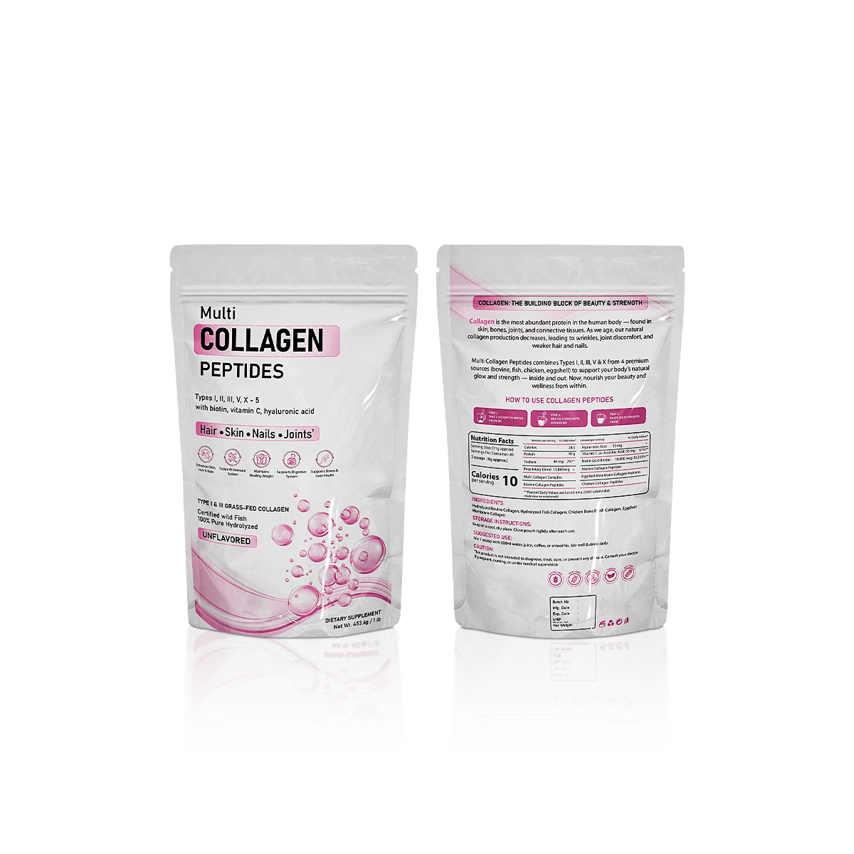 Custom collagen pouches with resealable closures and flexible material for powder storage and premium shelf presentation.