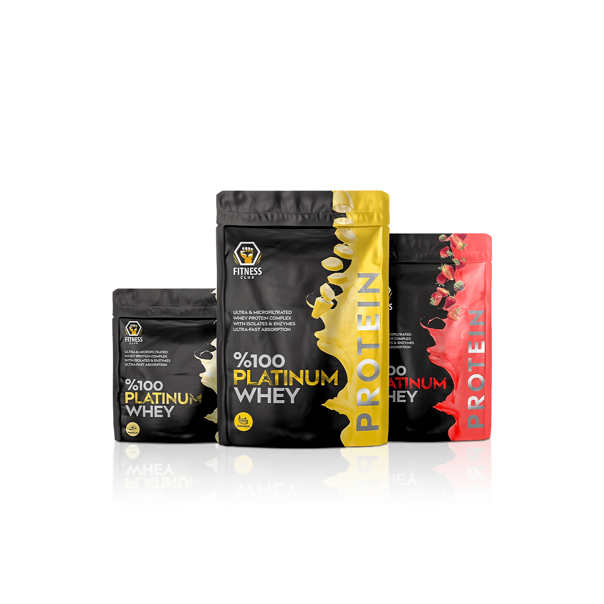 Custom protein powder pouches with stand-up bases and resealable zips for secure powder storage and retail display.