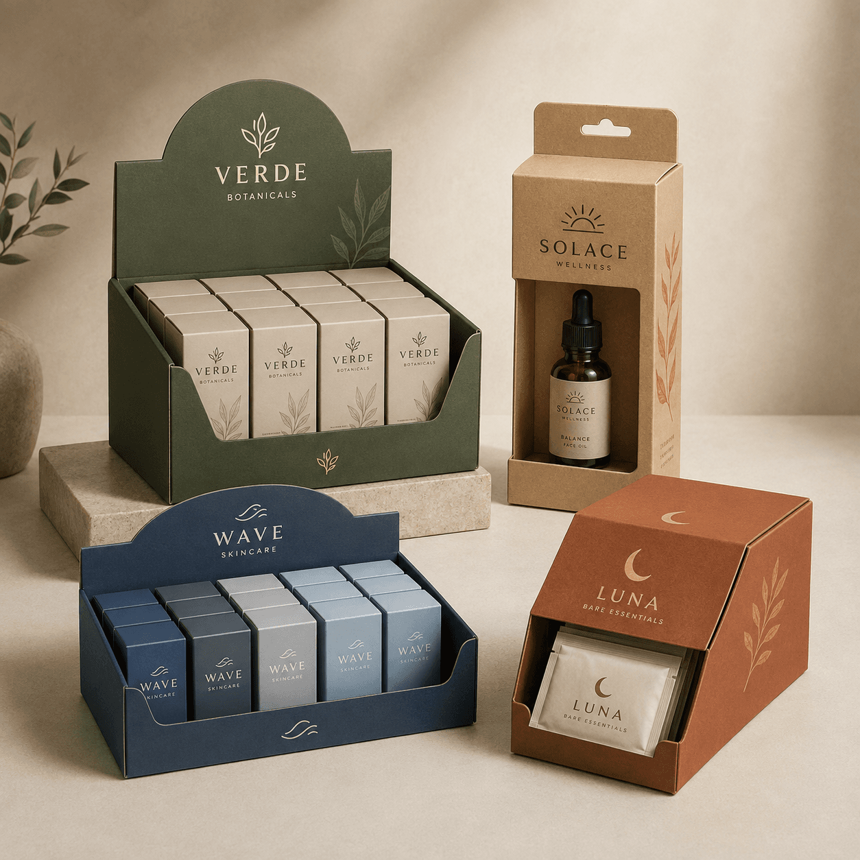 Custom printed display boxes arranged for counter, shelf and retail-ready product presentation.