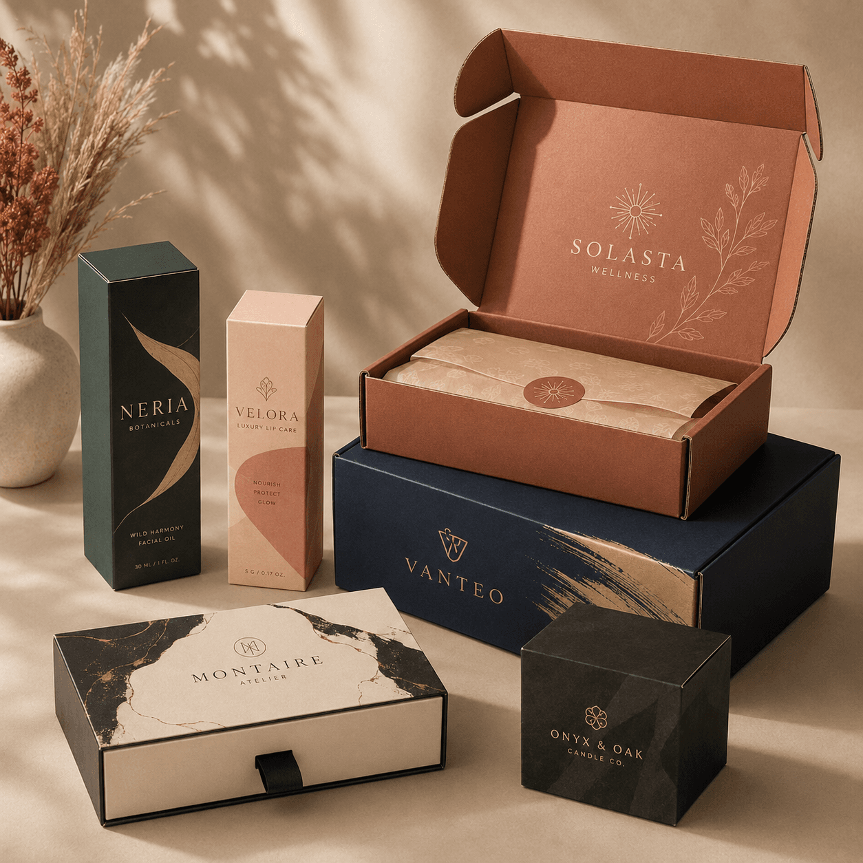 Custom e-commerce packaging with branded mailer and shipping boxes, protective inserts and delivery-ready construction.