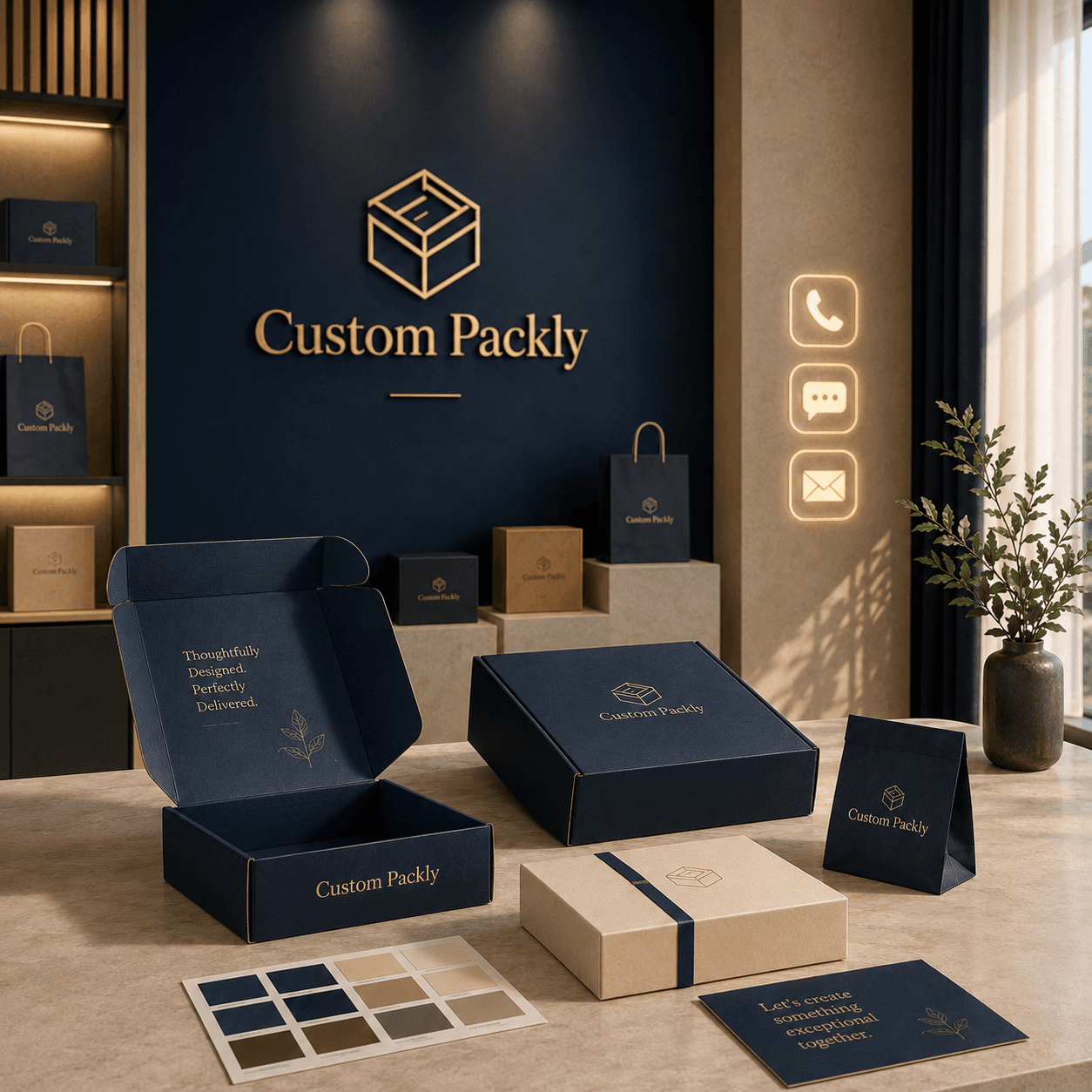 Custom Packly contact studio with premium packaging samples and phone, chat and email support icons.