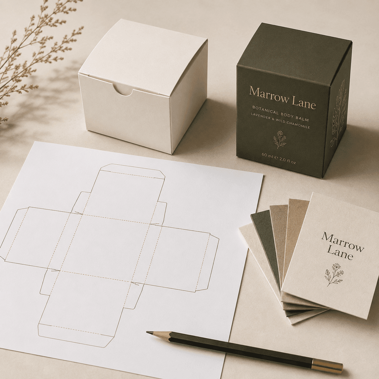 Packaging dieline sheet, folded sample box and printed box arranged to show artwork and structure setup.