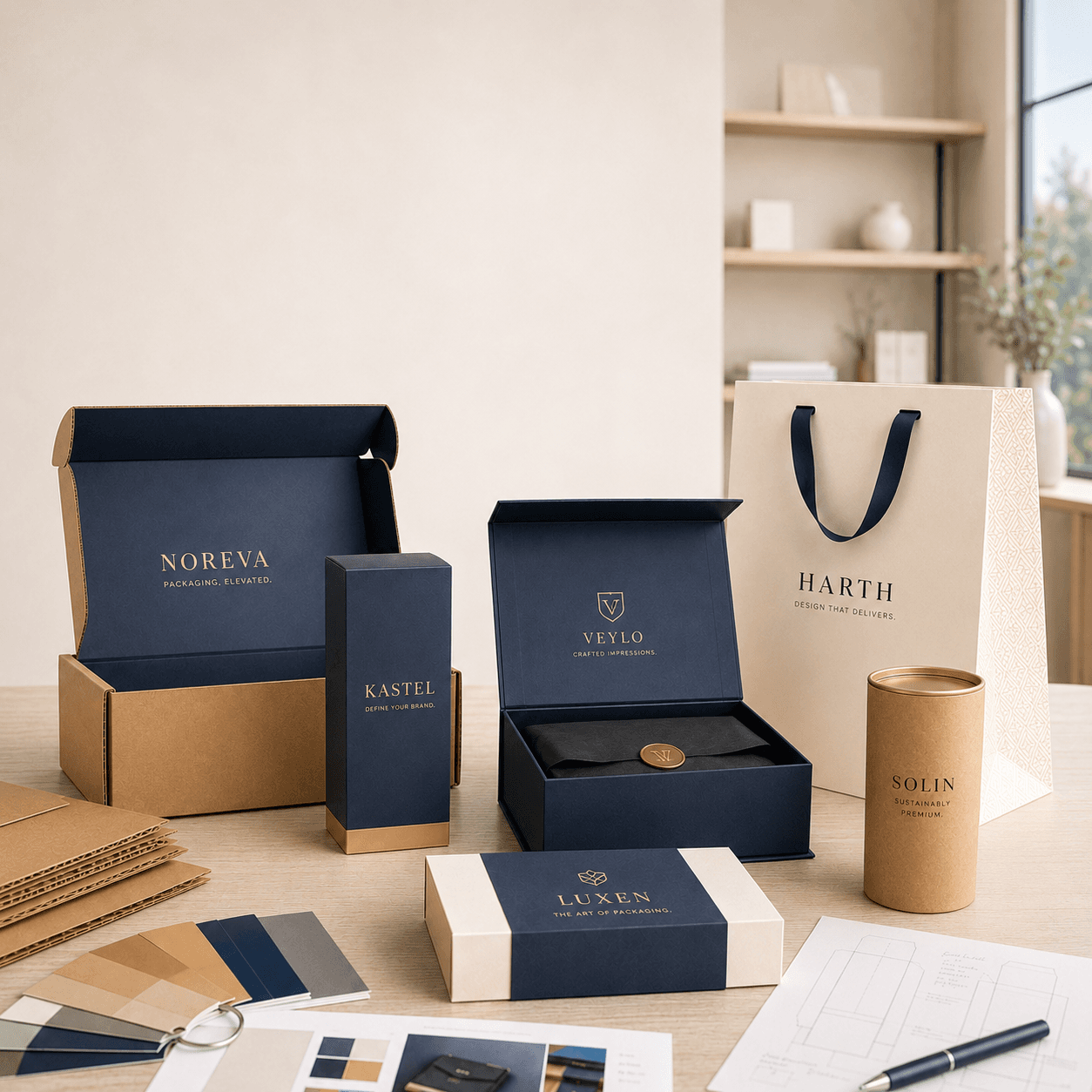 Premium custom packaging display with branded mailer box, rigid box, carton, paper bag, tube and design samples