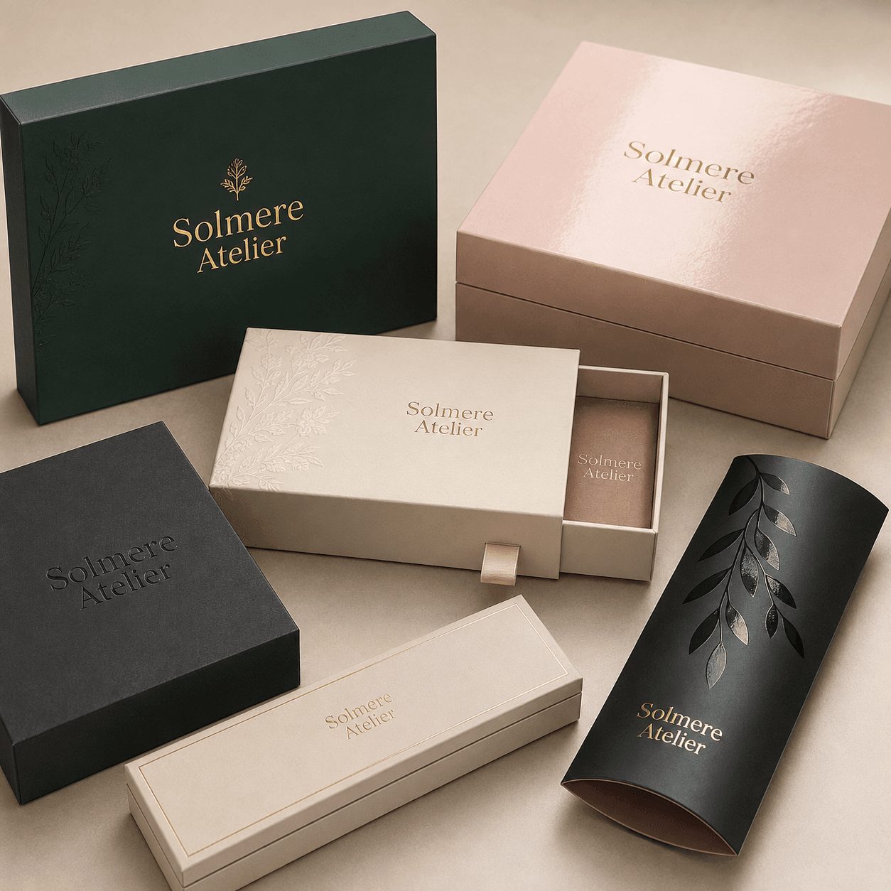 Luxury packaging samples showing matte, gloss, foil, embossing and spot UV finishes in a clean studio arrangement.