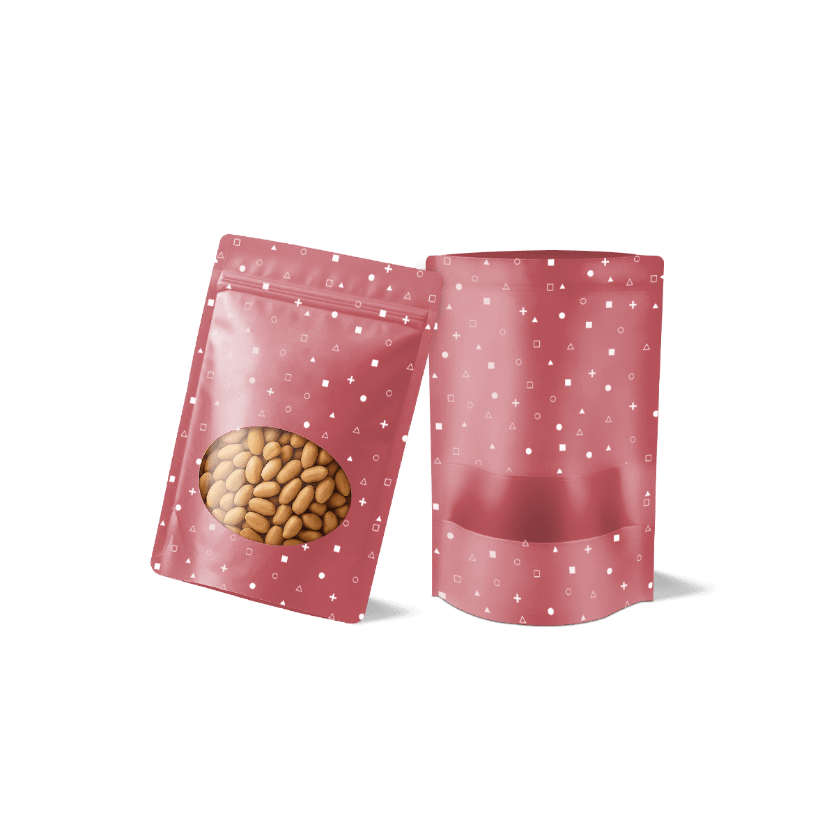 Custom window pouches with clear product panels, branded print and resealable closures for visible shelf display.