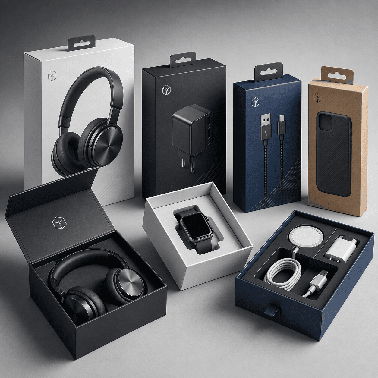 Custom electronics packaging with branded tech boxes, fitted inserts and protective cartons for retail and delivery.