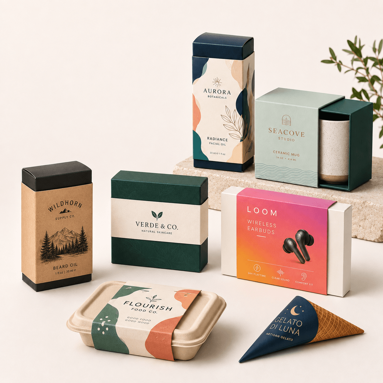 Custom sleeve and band packaging display with printed box sleeves, belly bands, food wraps and a tray sleeve box