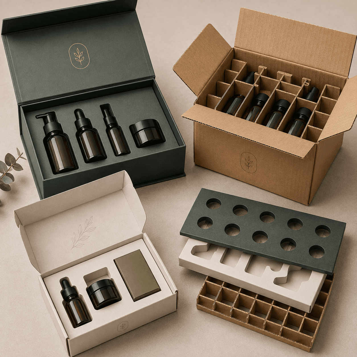 Custom cardboard inserts and dividers arranged inside printed boxes to secure products and create neat compartments