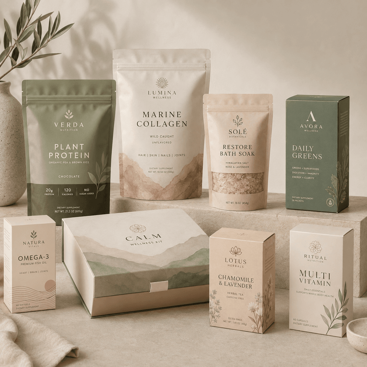 Custom wellness packaging with supplement cartons, vitamin boxes and resealable pouches for clean retail presentation.