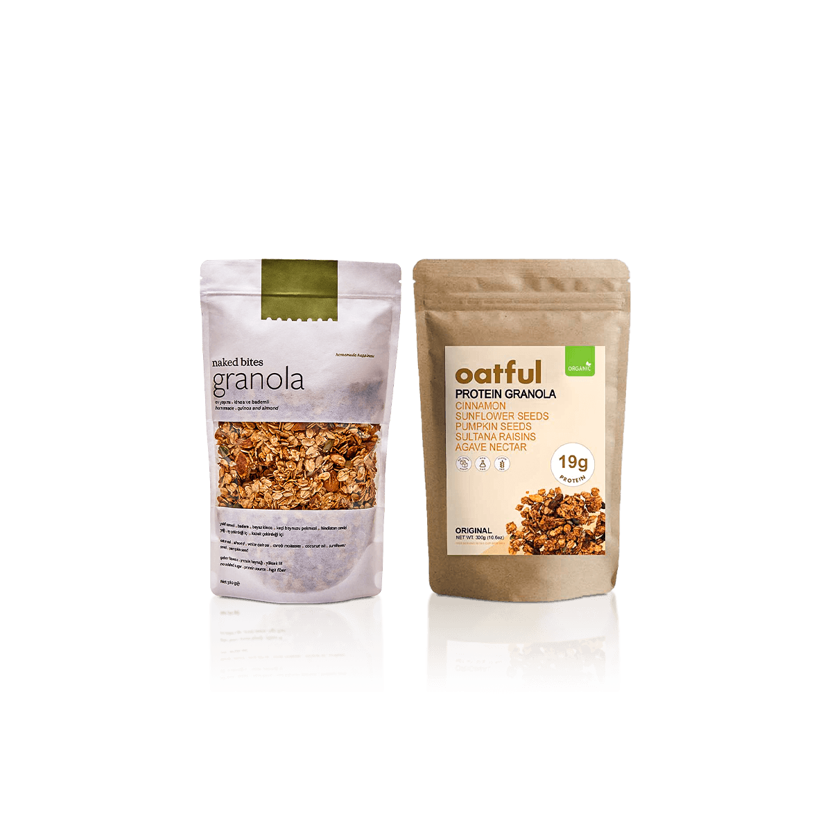 Custom granola pouches with stand-up bases, resealable zips and clear branded panels for shelf presentation