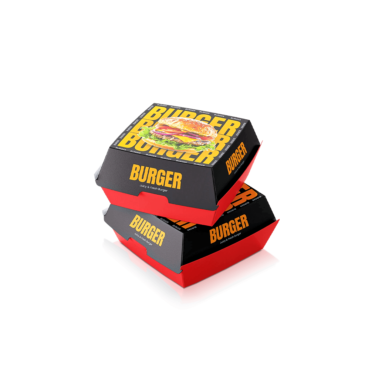 Custom burger boxes with secure clamshell closures protecting hot burgers from grease, crushing and delivery movement
