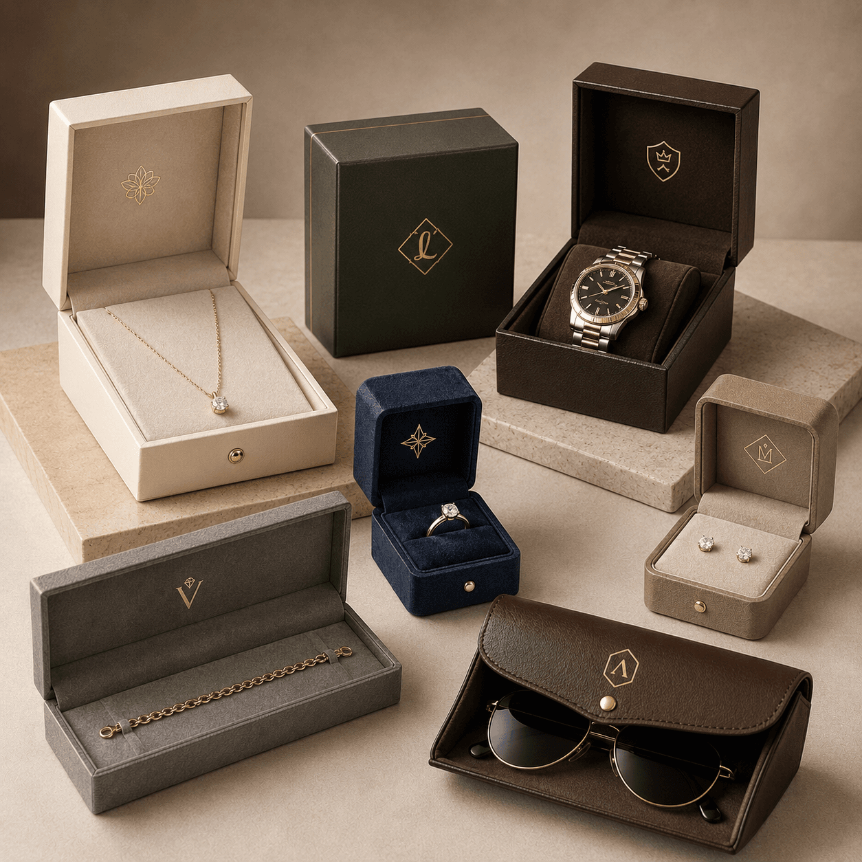 Premium custom jewellery and accessories packaging with rigid ring, necklace and watch boxes arranged for retail gifting.
