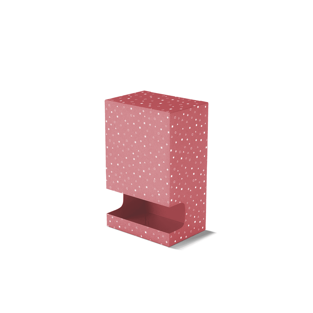 Custom gravity dispenser box with an angled feed structure that moves packaged items towards the opening.