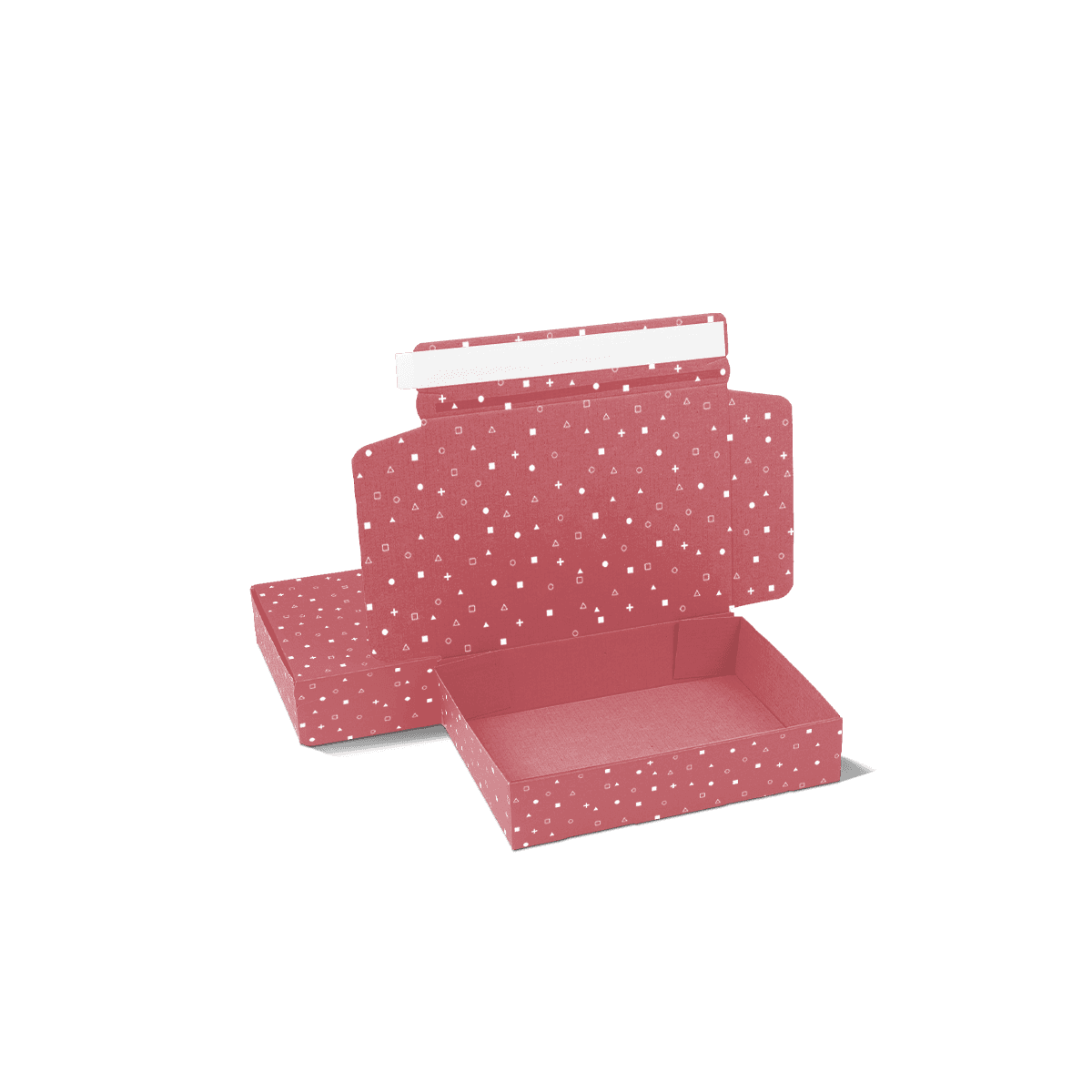 Compact custom postal boxes with printed branding and secure tuck closures, arranged for ecommerce deliveries.