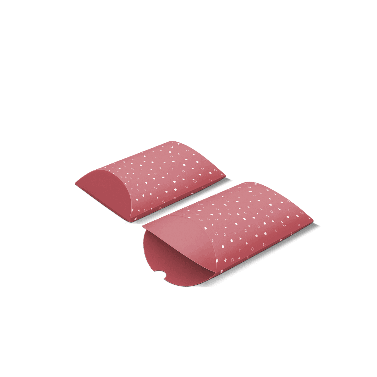 Custom printed pillow box with curved side panels, tucked ends and a compact retail-ready shape