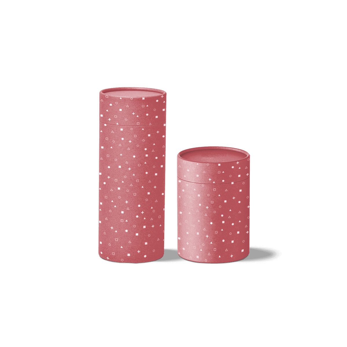 Custom cylinder packaging with 360-degree print, premium finishes and fitted lids for branded products.