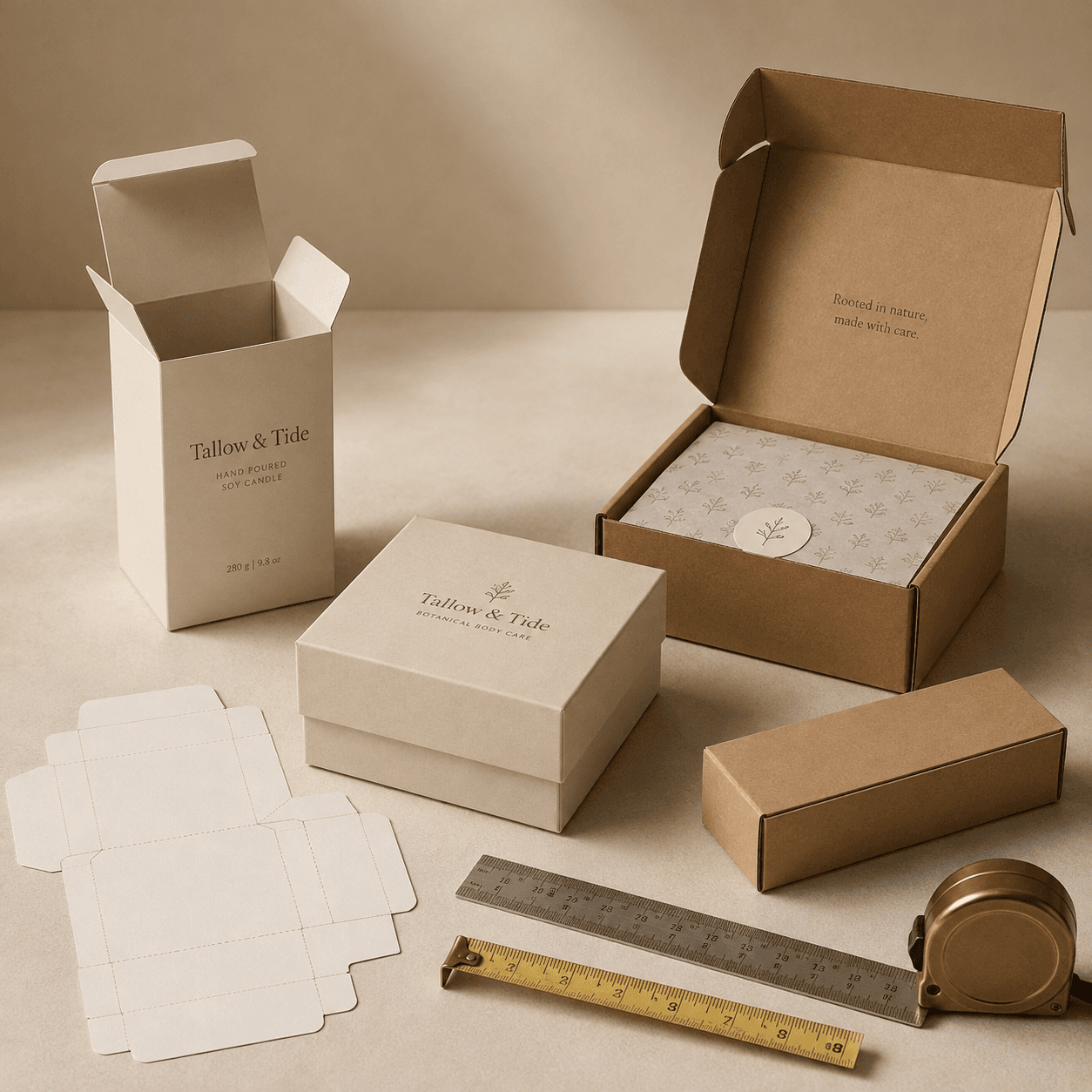 Custom box prototypes in varied sizes with measuring tools showing precise packaging sizing and structure planning.