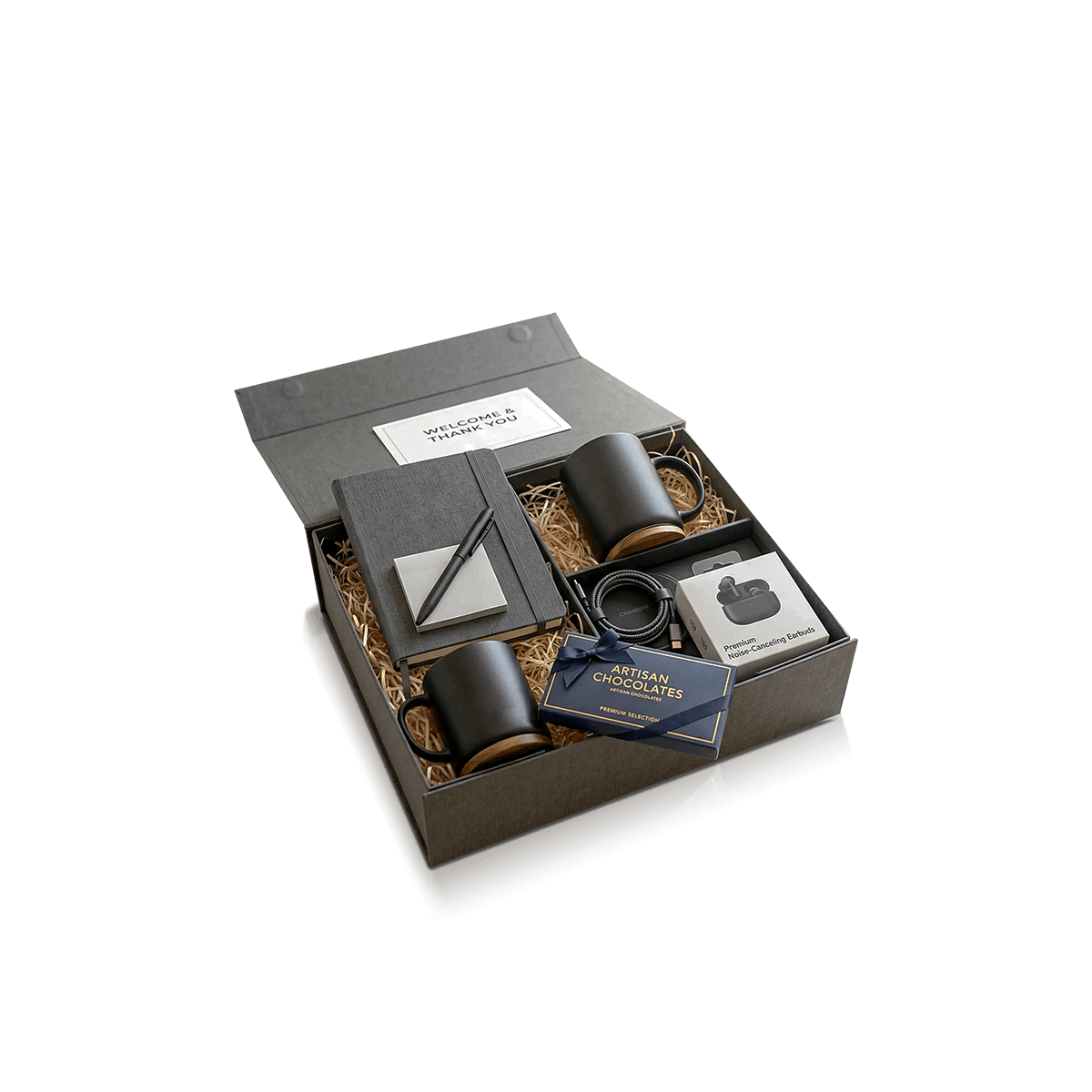 Custom conference gift boxes with organised inserts for delegate merchandise, printed materials and branded event giveaways.