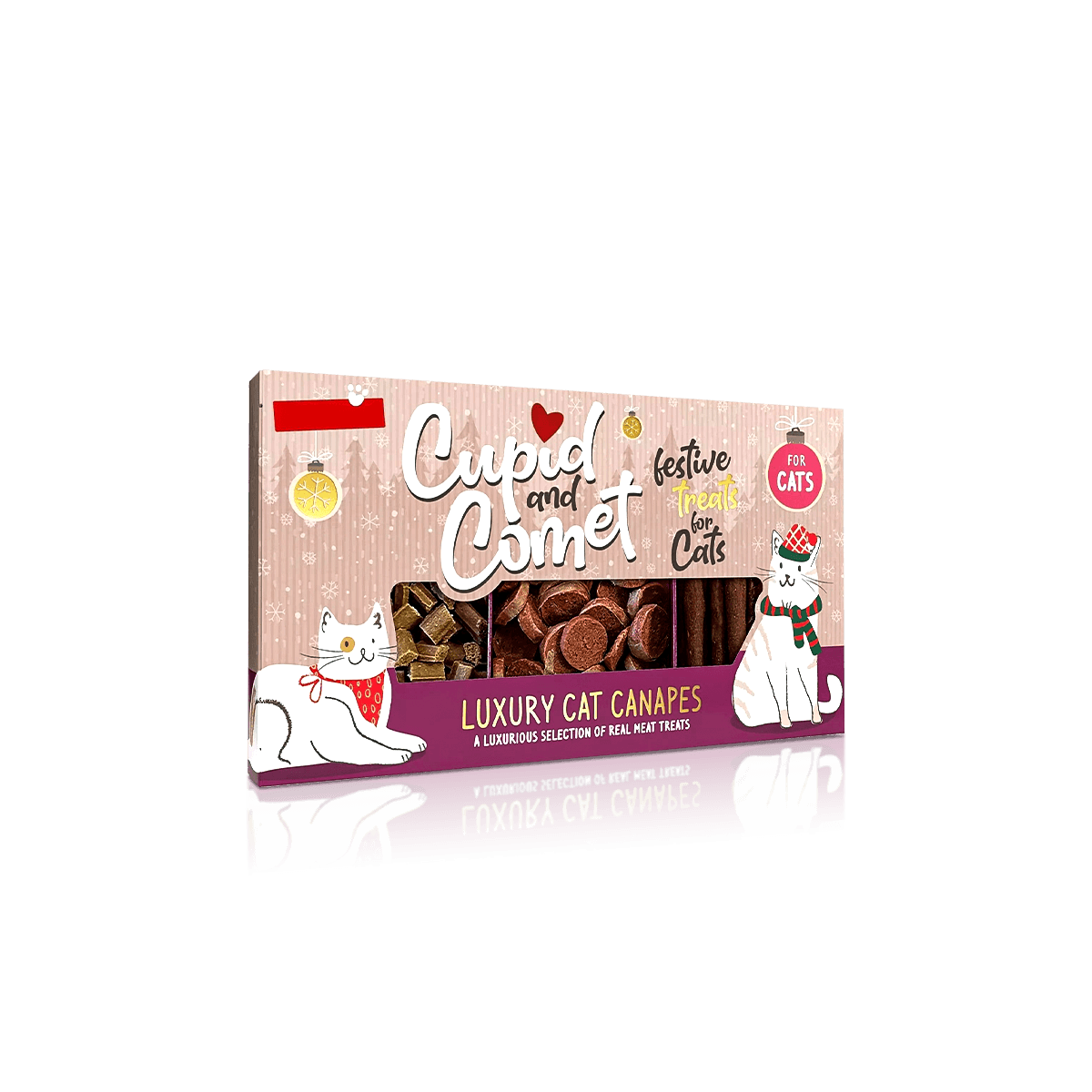 Custom cat treat boxes with branded cartons for dry treats, clear product details and neat retail shelf presentation.