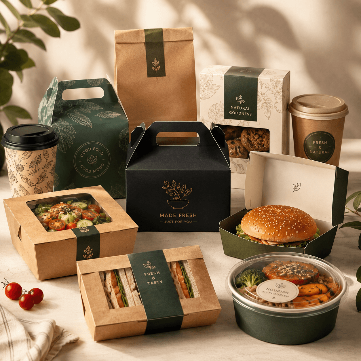 Custom food and beverage packaging with printed coffee bags, tea cartons, food pouches and fitted bottle boxes