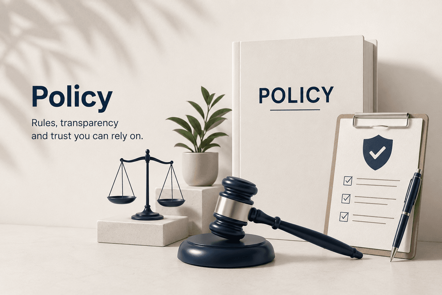 Custom Packly policy hero with a policy binder, checklist, scales and gavel on a clean cream background.