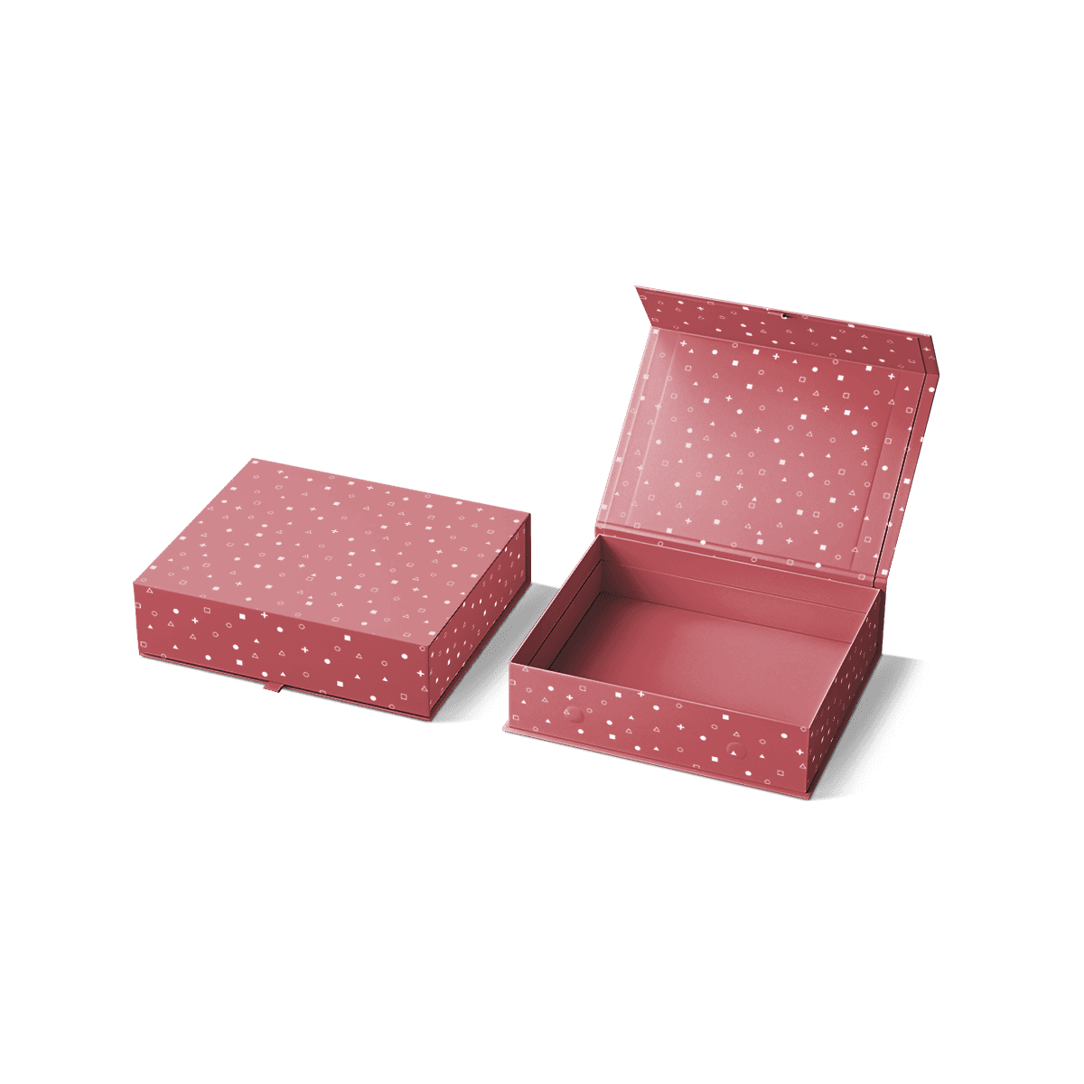 Custom magnetic closure rigid box shown open with a hinged lid, concealed magnets and a fitted product insert.