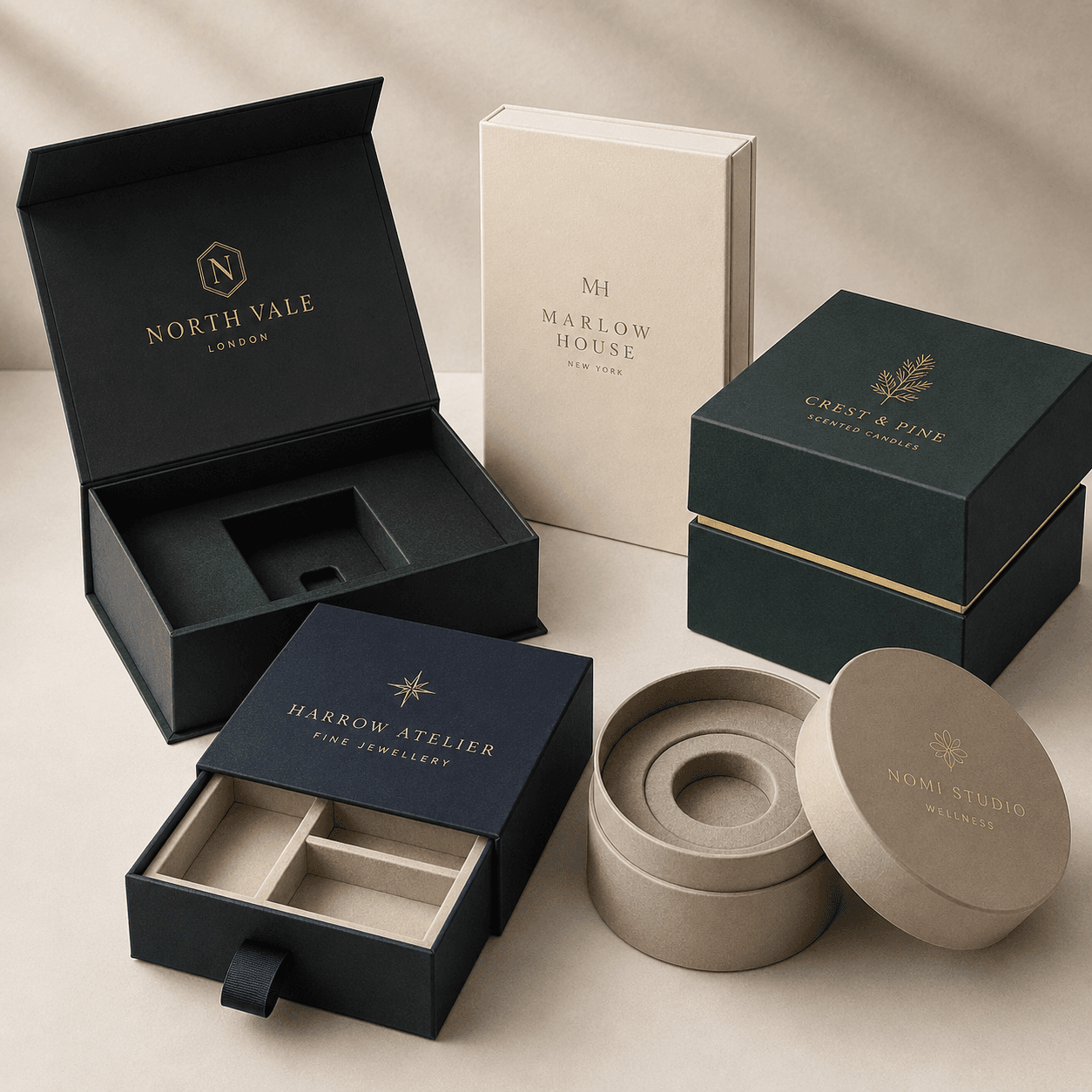 Custom rigid boxes in magnetic, drawer, lid-and-base and round styles with fitted inserts and gold foil branding.