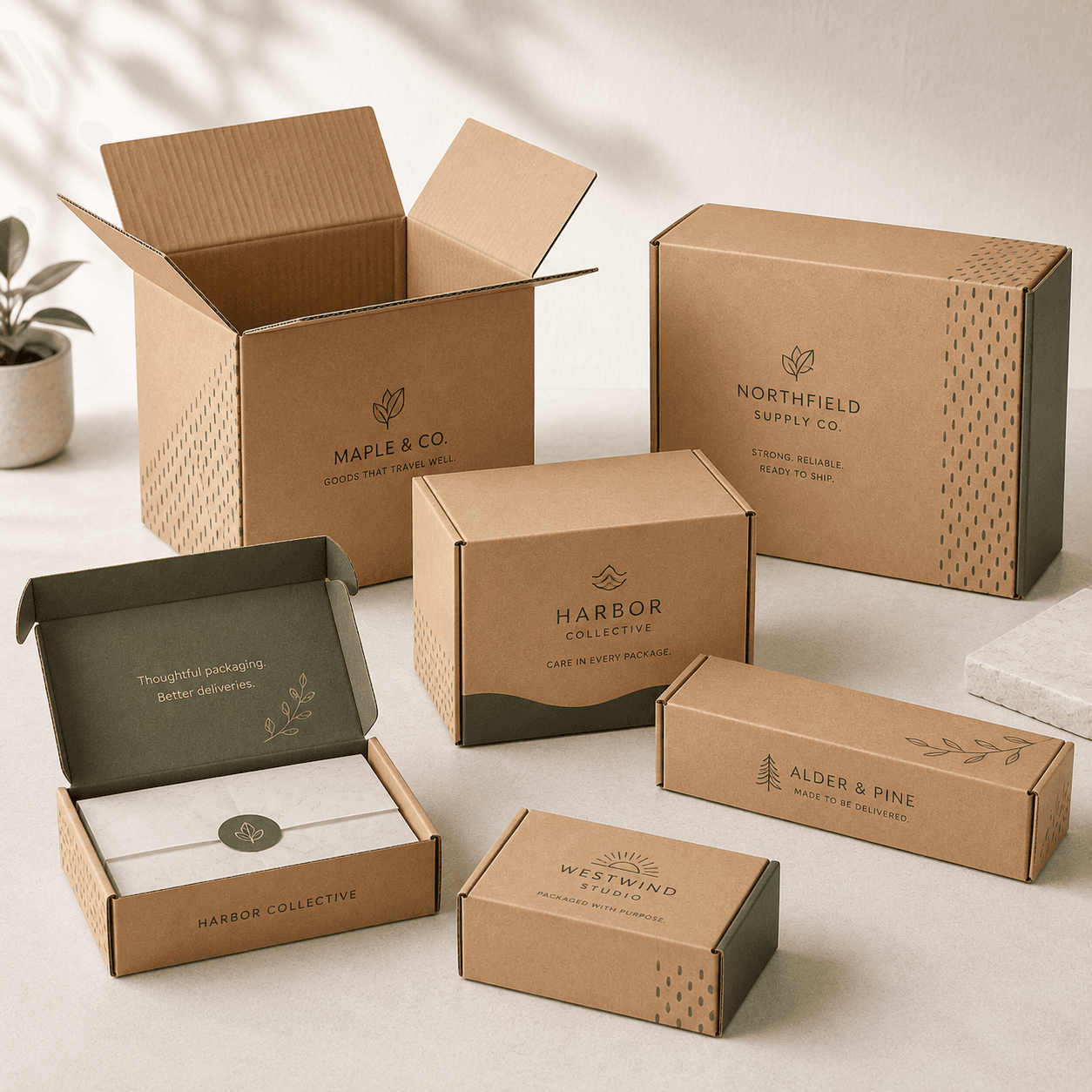 Custom shipping and postal boxes in corrugated kraft board, shown in varied sizes for secure branded delivery.