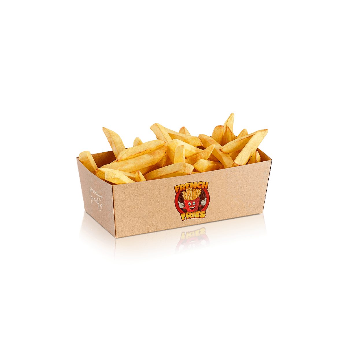 Custom fries trays with open-top paperboard sides for easy serving, grease control and branded takeaway presentation
