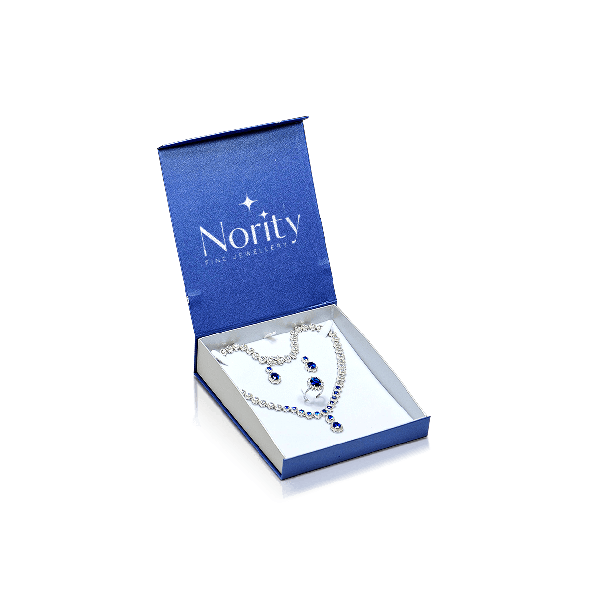 Custom jewellery boxes with rigid construction and fitted inserts protecting rings, earrings and necklaces for gifting.
