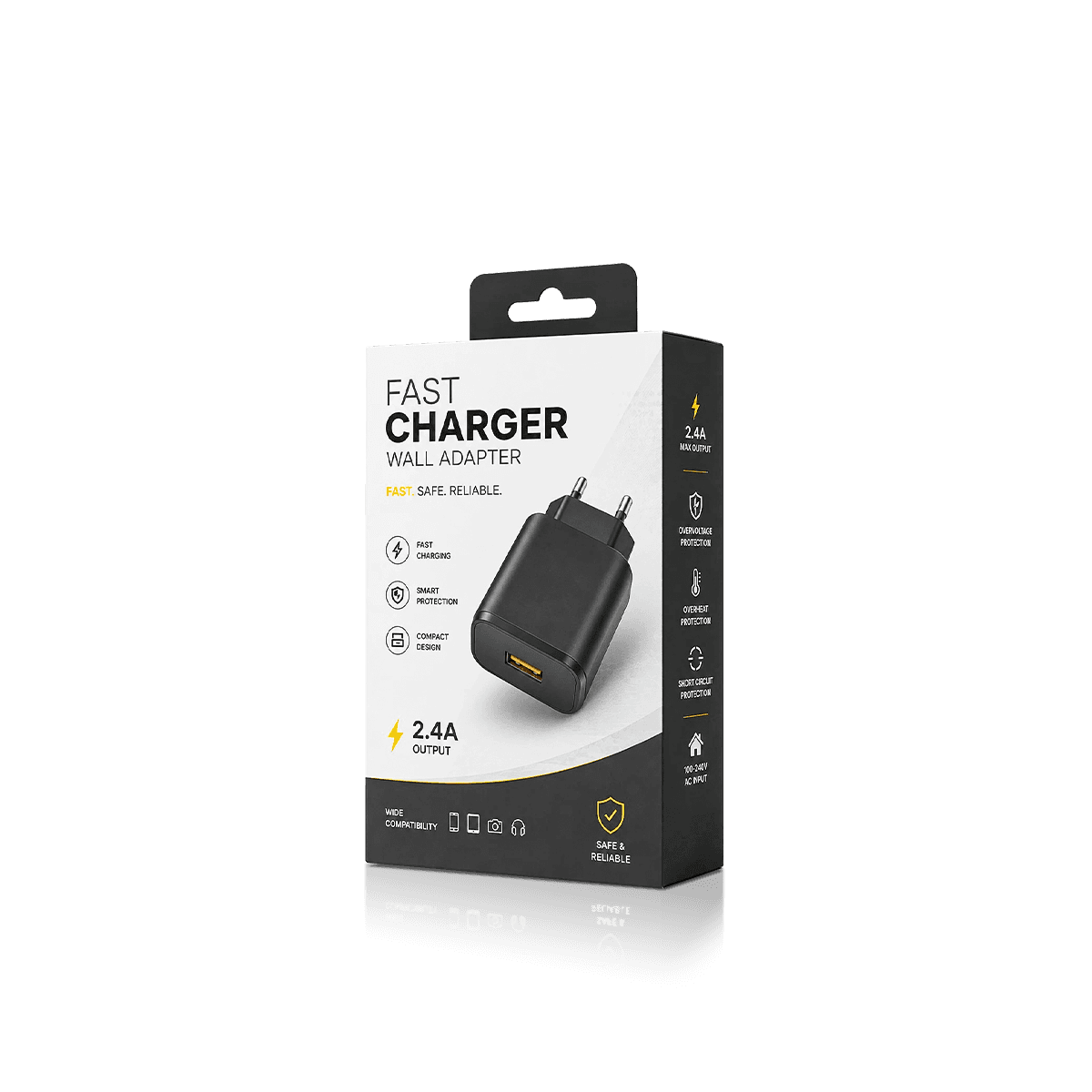Custom charger boxes with snug paperboard inserts securing wall chargers and adapters for retail presentation.