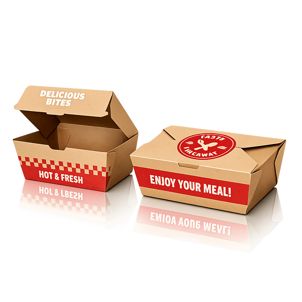 Custom takeaway boxes with secure folding lids for hot meals, grease control and dependable food delivery