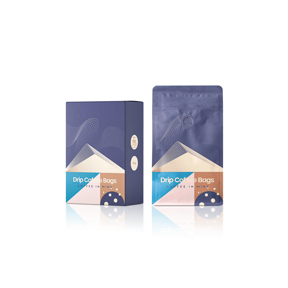 Custom coffee bags with printed branding, flat bases and resealable closures for roasted beans and ground coffee