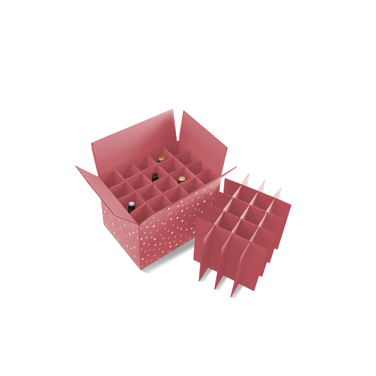 Custom cardboard bottle dividers separating glass bottles inside a shipping box to prevent rubbing and breakage